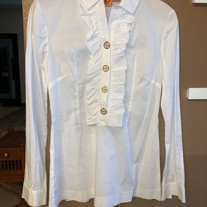 Tory Burch white ruffled gold logo button blouse
